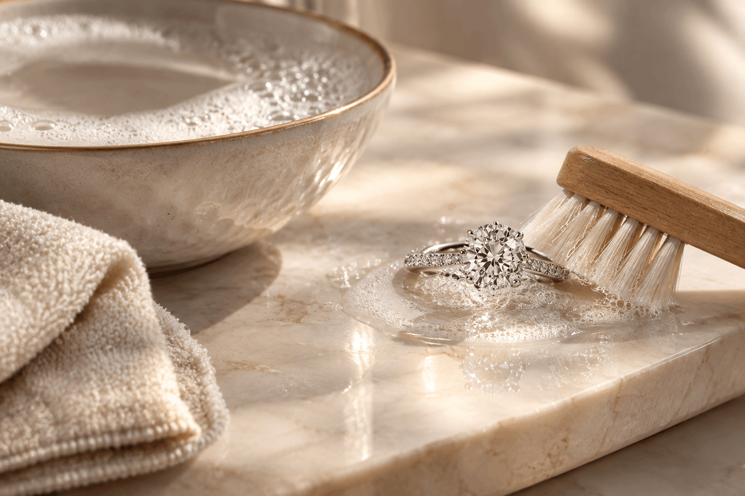 At-home diamond cleaning with warm soapy water and soft brush
